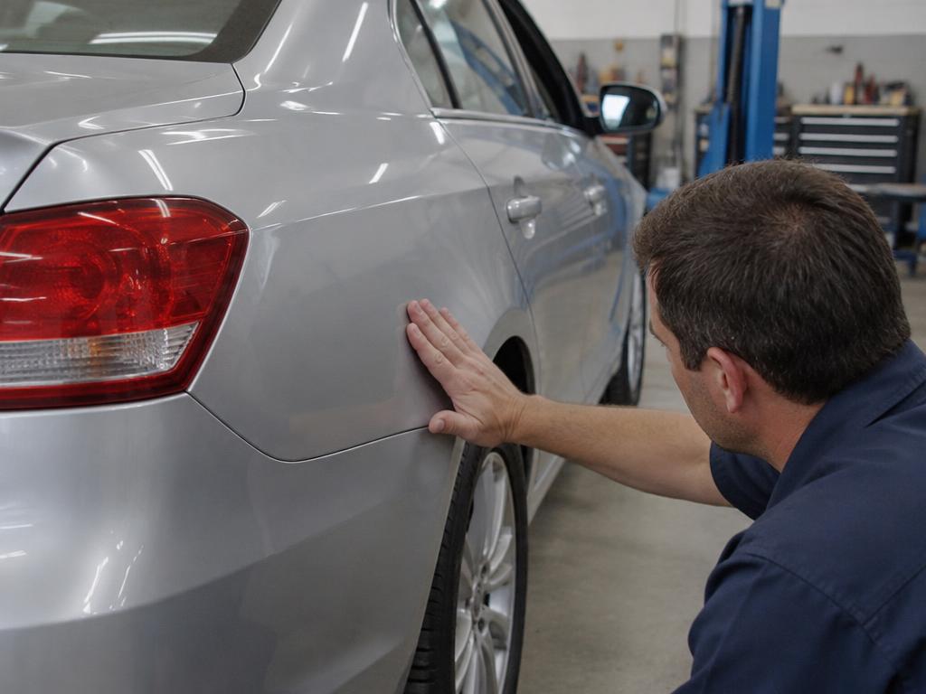 Technician inspecting a silver sedan's body panel